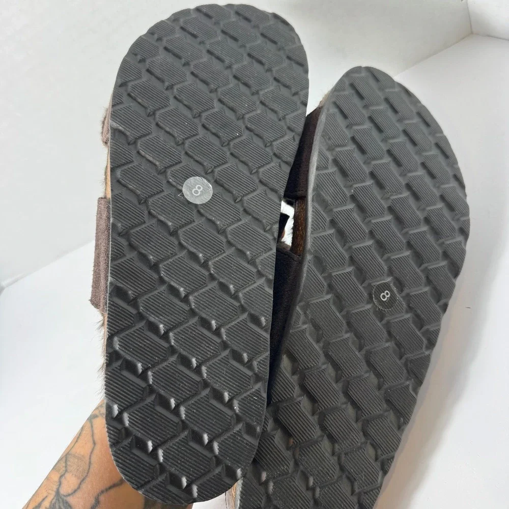 Royal Class Mens‎ Faux Fur Lined Footbed Sandals Brown Buckle Slides Size 8 NEW